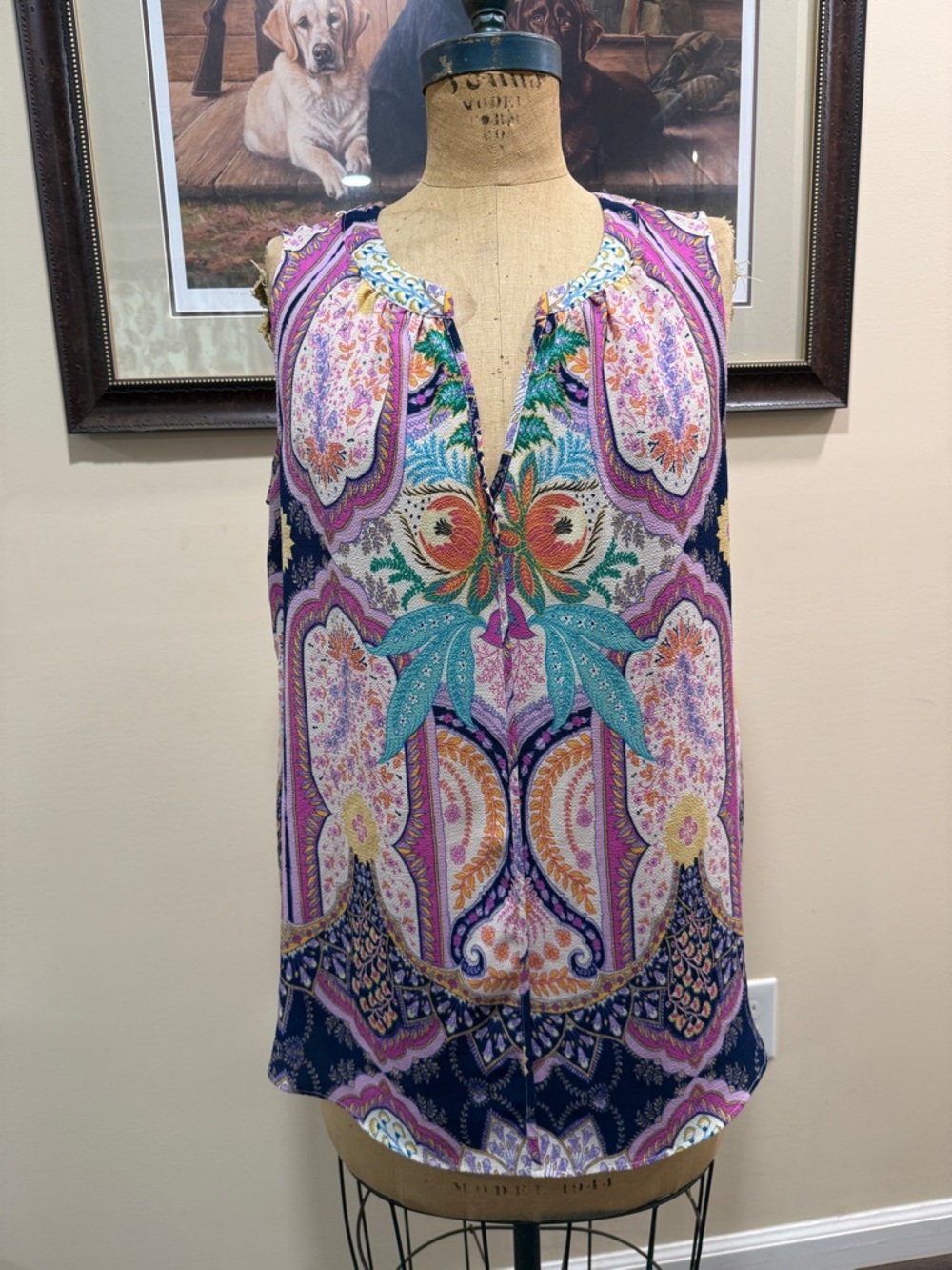 Rose + Olive Sleeveless Floral Paisley Print Tank Top - Pink/Blue